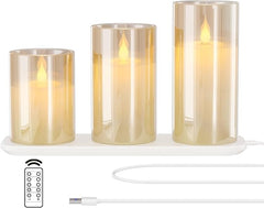 LED steklene sveče s plamenom in polnilno postajo – komplet 3 kosov