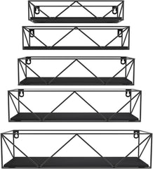 Set 5 Lebdečih Polic s Črnimi Kovinskimi Palicami in Črno Leseno Ploščo