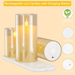 LED steklene sveče s plamenom in polnilno postajo – komplet 3 kosov