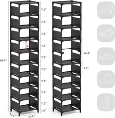 Ozek kovinski regal za čevlje s 10 policami - črna