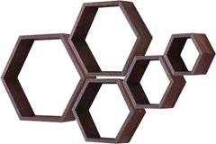 PHOENANCEE heksagonalne stenske police iz masivnega lesa – komplet 5 kosov