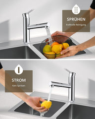 Kuhinjska pipa s potegljivo prho in 2 vrstama curka