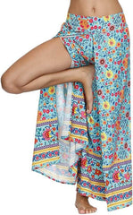 Ženske "Blue Flower" Boho Hlače z Razporkom in Širokimi Hlačnicami