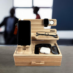 WOOD WEDGE lesena organizacijska postajna polica z odstranljivim nosilcem za telefon in predalom