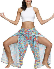 Ženske "Blue Flower" Boho Hlače z Razporkom in Širokimi Hlačnicami