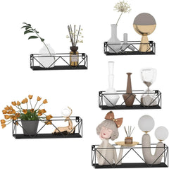 Set 5 Lebdečih Polic s Črnimi Kovinskimi Palicami in Črno Leseno Ploščo