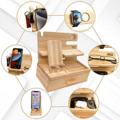 WOOD WEDGE lesena organizacijska postajna polica z odstranljivim nosilcem za telefon in predalom