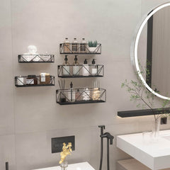 Set 5 Lebdečih Polic s Črnimi Kovinskimi Palicami in Črno Leseno Ploščo