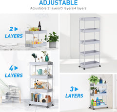 Kuhinjski voziček s 5 policami na kolesih, siv