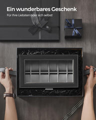 Dvonivojska škatla za ure in nakit s steklenim pokrovom, črna in siva