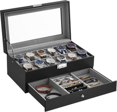 Dvonivojska škatla za ure in nakit s steklenim pokrovom, črna in siva
