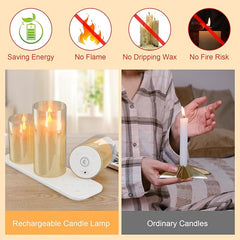 LED steklene sveče s plamenom in polnilno postajo – komplet 3 kosov