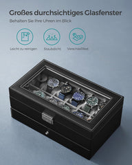 Dvonivojska škatla za ure in nakit s steklenim pokrovom, črna in siva