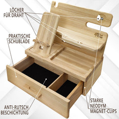 WOOD WEDGE lesena organizacijska postajna polica z odstranljivim nosilcem za telefon in predalom