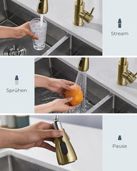 FORIOUS Kuhinjska Pipa z Raztegljivim Tušem, 360° Vrtljiva, Brušeno zlata