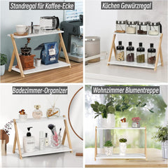 Dvostopenjsko belo leseno stojalo za kuhinjo, kopalnico ali pisarno