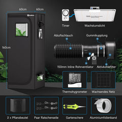 HON&GUAN rastlinjak z ventilacijo in ogljikovim filtrom - 60 × 60 × 160 cm