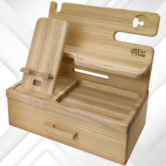 WOOD WEDGE lesena organizacijska postajna polica z odstranljivim nosilcem za telefon in predalom