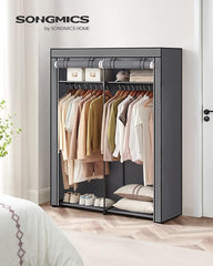 Tkaninska omara s policami in drogoma 140×43×174 cm - siva