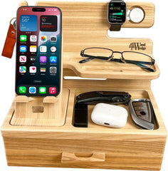 WOOD WEDGE lesena organizacijska postajna polica z odstranljivim nosilcem za telefon in predalom